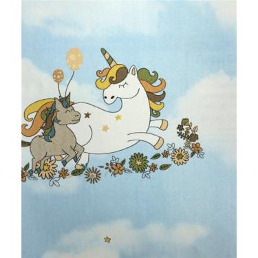 Imagem de Papel de Parede Azul Unicórnios Floridos - Rolo com 10 Metros  Decoraç
