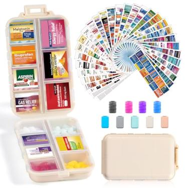 Imagem de Caixa organizadora de comprimidos de viagem de 14 grades com 415 etiquetas de nome de medicamentos - kit de recipiente de bolso diário de farmácia - dispensador de medicamentos de viagem para