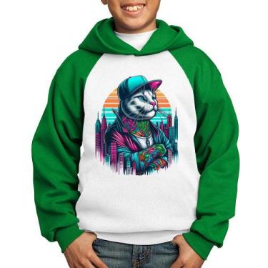 Imagem de Moletom Infantil Gato Urbano Arte - Foca na Moda, Branco, Verde, 8