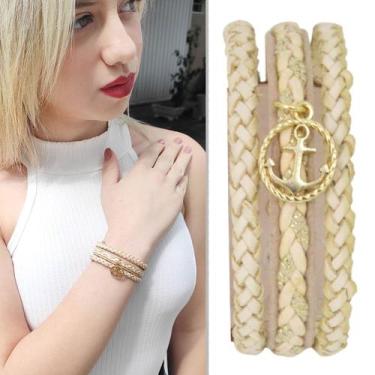 Imagem de Pulseira de Couro Feminina Âncora Dourada Ajustável - GRANADO ACESSÓRI