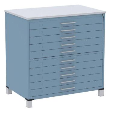 Imagem de Mapoteca 10 Gavetas Pandin 120cm (Larg) Inmetro Tampo MDP Cinza Estrutura e Gavetas em Aço Azul Dali