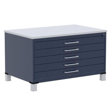 Imagem de Mapoteca 5 Gavetas Pandin 120 cm (Larg) Inmetro Tampo MDP Cinza Estrutura e Gavetas em Aço Azul