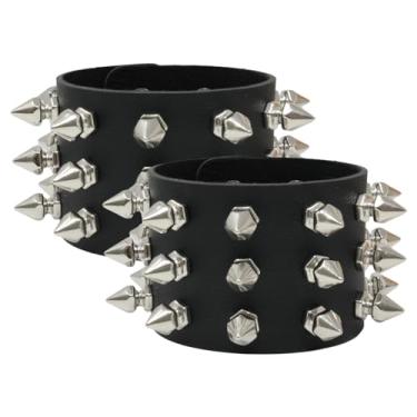 Imagem de Honbay Pulseira de couro preto exagerado com rebites cravejados, gótico, punk rock, motociclista, pulseira, botão de pressão, pulseira de metal para homens e mulheres