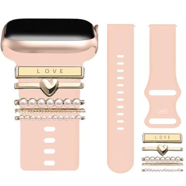 Imagem de Lamshaw Compatível com pulseiras de relógio inteligente Kuizil, novas pulseiras esportivas de silicone macio compatíveis com smartwatch Kuizil T70 de 1,9 polegadas (pulseira rosa + decoração amor)