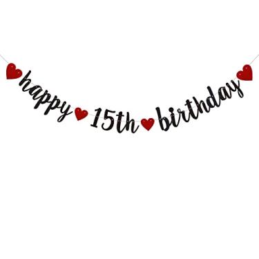 Imagem de Faixa de feliz aniversário de 15 anos, guirlandas de papel glitter preto e vermelho para decoração de festa de 15º aniversário, pré-amarrado, sem necessidade de montagem, glitter vermelho e preto,