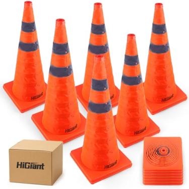 Imagem de HiGiant [Pacote com 6] Cones de Segurança de Trânsito Dobráveis de 28", Cones Laranja, Cones Pop-Up Amplamente Utilizados com Colar Refletivo, para Prática de Direção e Estacionamento.