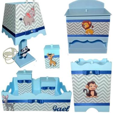 Imagem de Kit Higiene bebê Mdf menino 7 pçs - SAFARI AZUL BB CHEVRON CINZA - Flo