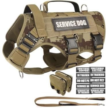 Imagem de WINSEE Peitoral tático para cães com coleira para cães, colete MOLLE de serviço com 10 adesivos para animais de estimação, arnês militar sem puxão e mochila para treinamento, caça, caminhada