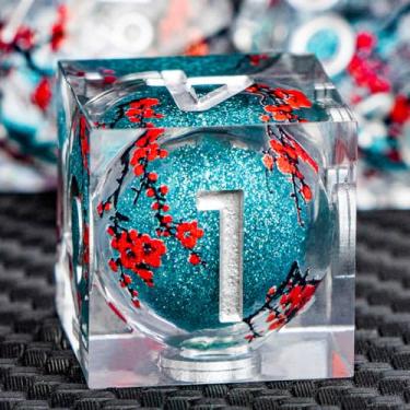 Imagem de ARUOHHA DND Resin Dice Plum Blossom Liquid Core Dice Silver Blue Sharp Edged Dragons Polyhedral Dice Set with Gift Box, Role Playing Game Dungeons D and D Dice Set D20 D12 D10 D6 D4