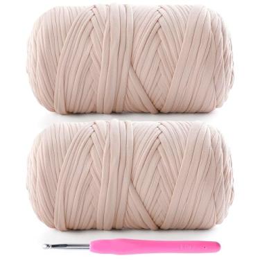 Imagem de Pacote com 2 fios de camiseta para crochê - 800 g/260 m para sacos de crochê/cestas/decoração de casa - fio de camiseta de tecido elástico macio com 1 agulha de crochê (2, bege)