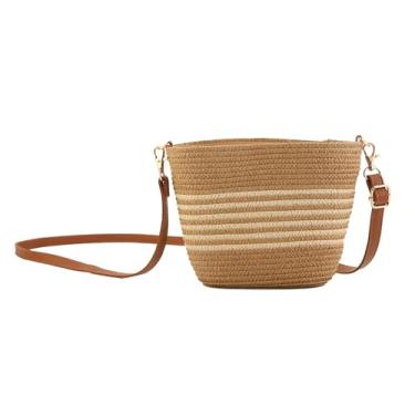 Imagem de UIBRN Bolsas transversais de palha para mulheres com listras, bolsa de ombro tecida à mão com alça de couro sintético ajustável, bolsas de praia, Listra marrom-claro bege