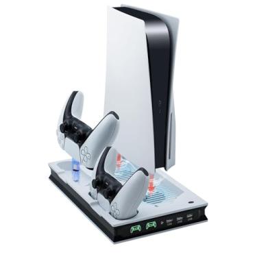 Imagem de Suporte para PS5 com 2 Ventoinhas de Resfriamento, Base Carregador Cooler para PS5,Estação de Carregamento de Controle Duplo Rápido