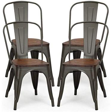 Imagem de LUARANE Conjunto de 4 cadeiras de jantar de 45,7 cm, cadeiras de bar de metal empilháveis industriais vintage, com encosto alto, superfície de assento de madeira, para uso em casa, cozinha, café, bar
