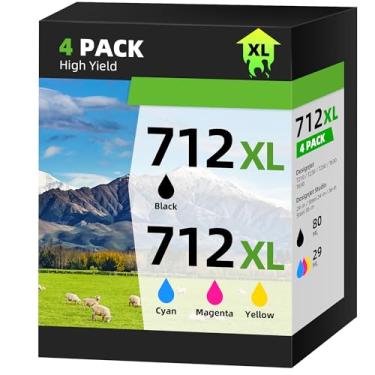 Imagem de Cartuchos de tinta 712XL 712 de alto rendimento compatível com cartuchos de tinta HP 712XL 712 XL, pacote combo para impressora HP DesignJet T210 T630 T650 T250 T230 (pacote com 4, 1BK/1C/1M/1Y)