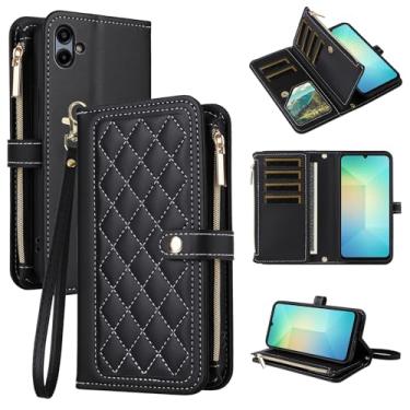 Imagem de Dswteny Capa carteira para Samsung Galaxy A06 5G com alça de pulso cordão flip zíper suporte suporte macio acessórios padrão Argyle capa de celular para Ao6 A 06 4G LTE mulheres meninas preto