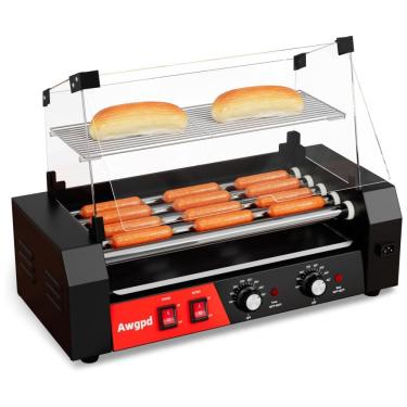 Imagem de Máquina de Salsicha e Hot Dog Awgpd Grill, 5 rolos, capacidade para 12 hot dogs, 750W, controle de temperatura duplo, tampa de vidro,