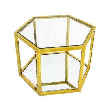 Imagem de Mesa Auxiliar Sextavado Metal Dourado c Vidro Luxo