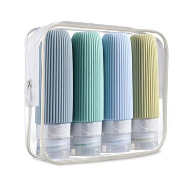 Imagem de Kit de Frascos de Viagem para Cosméticos, 4 Peças, Design Canelado, Recipiente de tamanho de viagem de silicone squeezable à prova de vazamento, Cores Neutras (Verde)