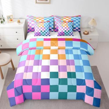 Imagem de Feelyou Conjunto de cama retrô quadriculado multicolorido, geométrico, vintage, para crianças, meninos, meninas, tamanho casal, arco-íris, colorido, moderno, simples, decoração de quarto