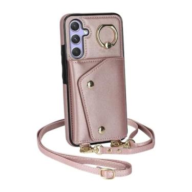 Imagem de HJZSZX Para Samsung S24 Plus Crossbody Ring Couro Zip Wallet Phone Case Lanyard Flip Cover Bag (Para Samsung S24 Plus/Ouro rosa)