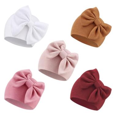Imagem de AQOKKA Bonés para bebês recém-nascidos com laço de algodão infantil gorro infantil recém-nascido hospitalar chapéus para bebês meninas crianças 0-24 meses, Pacote com 5 chapéus com laço/0 a 6 meses
