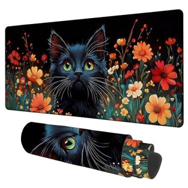 Imagem de NITAHHHY Tapete de rato preto gato e flores para jogos, borda costurada de 3 mm de espessura, impermeável, antiderrapante, grande, tapete de rato para computador, adequado para escritório