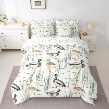 Imagem de Feelyou Jogo de edredom fofo de pato-real com lençol de caça de pato selvagem em uma bolsa para decoração de quarto de crianças, meninos, meninas, verde e branco, 7 peças, solteiro, para caça e pesca