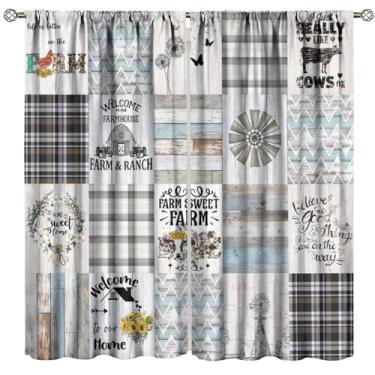 Imagem de Cortinas de retalhos rústicas, vintage fazenda cabana moinho de vento prancha de madeira azul xadrez girassol vaca gado galinha tratamentos de janela, cortinas blackout com bolso para varão, para sala