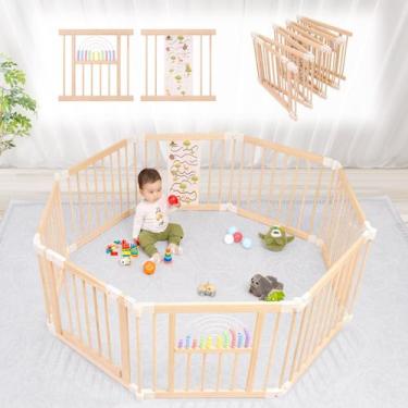 Imagem de Playpen Ulnxiy Dobrável de Madeira com Portão para Bebês 142x142x60cm