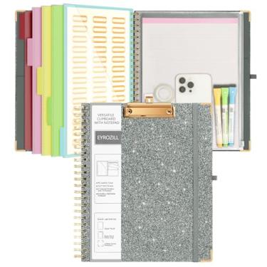 Imagem de Prancheta espiral com armazenamento 5 bolsos extras 10 bolsos 21,5 x 28,5 x 11 etiquetas de pasta fecho elástico pranchetas recarregáveis cinza escuro