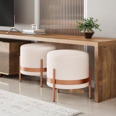 Imagem de KIT 2 Puff STEEL RedondoTecido Bouclé Cor Bege Base Metal Gold Rosê