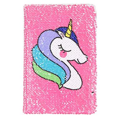 Imagem de Caderno de unicórnio, caderno A5, colorido, reversível, com lantejoulas, unicórnio, diário, diário mágico, arco-íris, pintura faça-você-mesmo, caderno diário mágico para crianças (rosa vermelha)