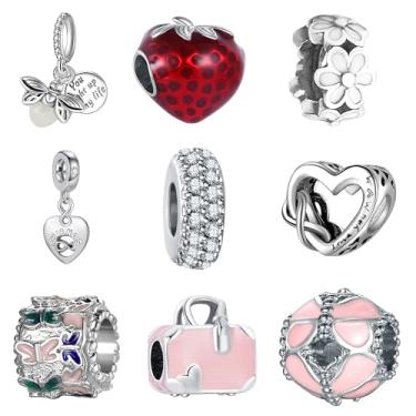 Imagem de 9 peças pingentes europeus de contas para pulseira Pandora, berloques, pulseiras faça você mesmo, colar, joias, presente para aniversário, dia dos namorados, Natal, dia das mães, coração, borboleta