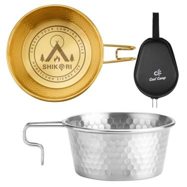 Imagem de SHIKORI Copo de aço inoxidável para acampamento Sierra, empilhável, portátil, 450 ml, conjunto de 2 peças, copo Sierra Bowl para acampamento e caminhadas (ouro e prata - 4 peças)