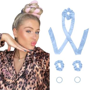 Imagem de DIKOORI Modeladores De Cabelo Sem Calor, Faixa Veludo Para Ondulação, Dormir, Conjunto Com Scrunchies - Rolos Cachos, Escova Noturna, Look Longo Dormir Azul Claro