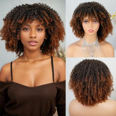Imagem de MISS FANCY Perucas Afro Cacheadas Com Franja Para Mulheres Negras, Peruca Curta Crespa Marrom Ombré De 10 Polegadas, Sem Cola, Sintética E Elástica, Festa Diária