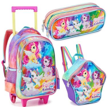 Imagem de Kit Mochila Rodinhas Lancheira Estojo Escolar Unicornio