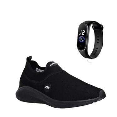 Imagem de Tênis Ortopédico Unissex Tipo Meia Ascension + Relógio Digital Fino | Calce Fácil, Leve, Confortável – Ideal para Caminhada, Academia e Uso Diário (All Black, BR, Adulto, Numérico, 36)