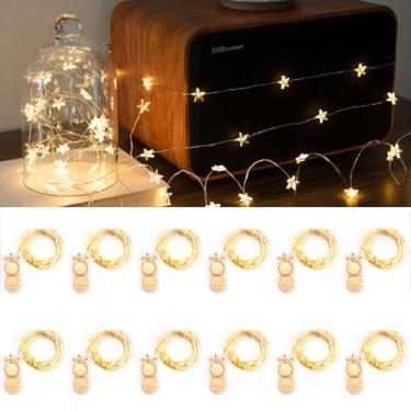 Imagem de ZELUXDOT 12 pacotes de 2 metros, 20 LEDs, luzes de fadas, operadas por pilha, cordão de luzes prateadas, luz estrelada à prova d'água para mesa de garrafa DIY, casamento, Halloween, Natal, festa