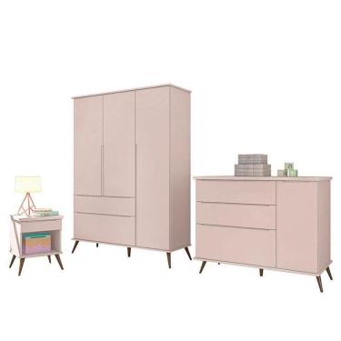 Imagem de Jogo De Quarto Infantil Retrô Alice Guarda Roupa, Cômoda Com Porta E Mesinha Rosê - Pr Baby Rosê