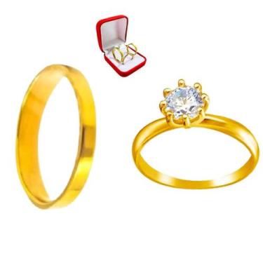 Imagem de Aliança Casamento Dourada 3mm Reta Lisa Casal + Solitario Banhado Ouro