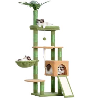 Imagem de Heybly Árvore para gatos, torre para gatos de 166 cm para ambientes internos, condomínio com folhas, cesta, folha, tigela de alimentação, móveis modernos de pelúcia de vários níveis, arranhadores,