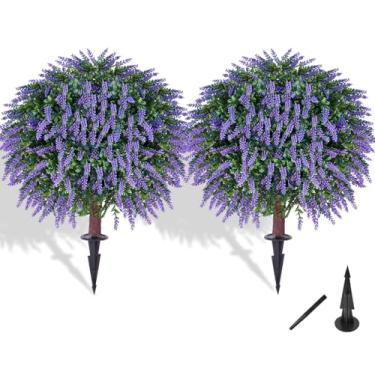 Imagem de FZHCZWZX Árvores de topiaria de rosas artificiais, flores vermelhas resistentes a raios UV, conjunto de 2 com estacas de solo, plantas decorativas internas e externas (2, lavanda)