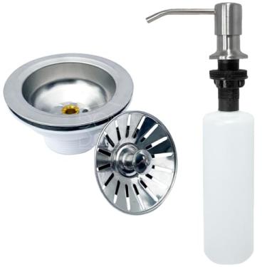 Imagem de Dona D Cor, Kit Cozinha Inox Valvula Americana 4 1/2 e Dispenser Detergente Embutir 500ml Aço Inox Fosco Porta Sabonete Ralo Pia Dosador Embutido Escovado Bancada