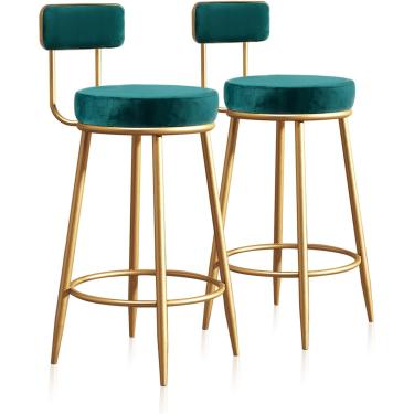 Imagem de Conjunto De 2 Bancos De Café Da Manhã Veludo Cadeiras De Bar Alto Pernas De Metal Encosto Para Cozinha Ilhas/home Bar 65cm Cadeiras De Balcão De Cozinha, Green, 4pcs