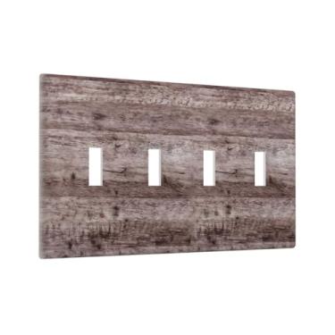 Imagem de Yamxbfa Capa de interruptor de luz rústica vintage cinza escuro marrom madeira 4 gangues decorativa quadriciclo interruptor de parede 4 furos placa de interruptor de dispositivo elétrico placa frontal