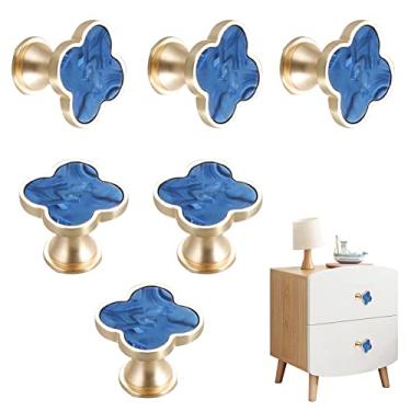Imagem de 6 peças puxadores de trevo de quatro folhas puxadores criativos de liga de zinco puxadores de gaveta de armário para móveis de cozinha armário guarda-roupa banheiro puxador de porta de furo único com parafusos (azul)
