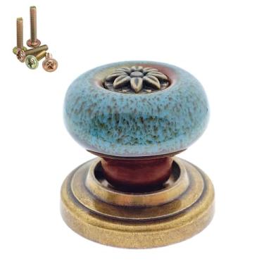 Imagem de Wannianmu Pacote com 10 puxadores de cerâmica retrô, puxadores de armário de pétalas de cozinha vintage de leopardo, base rústica de liga de zinco, placa traseira, guarda-roupa, gaveta, puxadores (estampa de leopardo - azul)