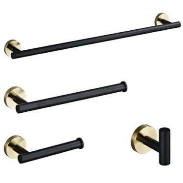 Imagem de Acessórios para banheiro preto/dourado - Toalheiro com suporte para papel de seda | Conjunto de 3 peças para montagem em parede, CONJUNTO 1