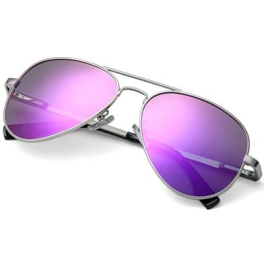 Imagem de Óculos de sol aviador polarizado para homens e mulheres, armação de metal leve com proteção UV400, Silver Frame/Purple Mirrored, MM